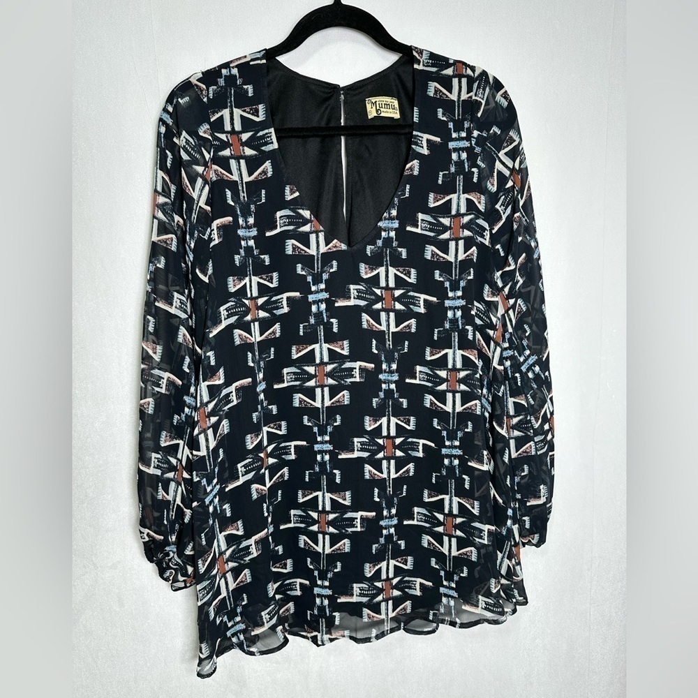 Show Me Your Mumu Black Geometric Tribal Print V-Neck‎ Long Sleeve Mini Dress M - Picture 2 of 9